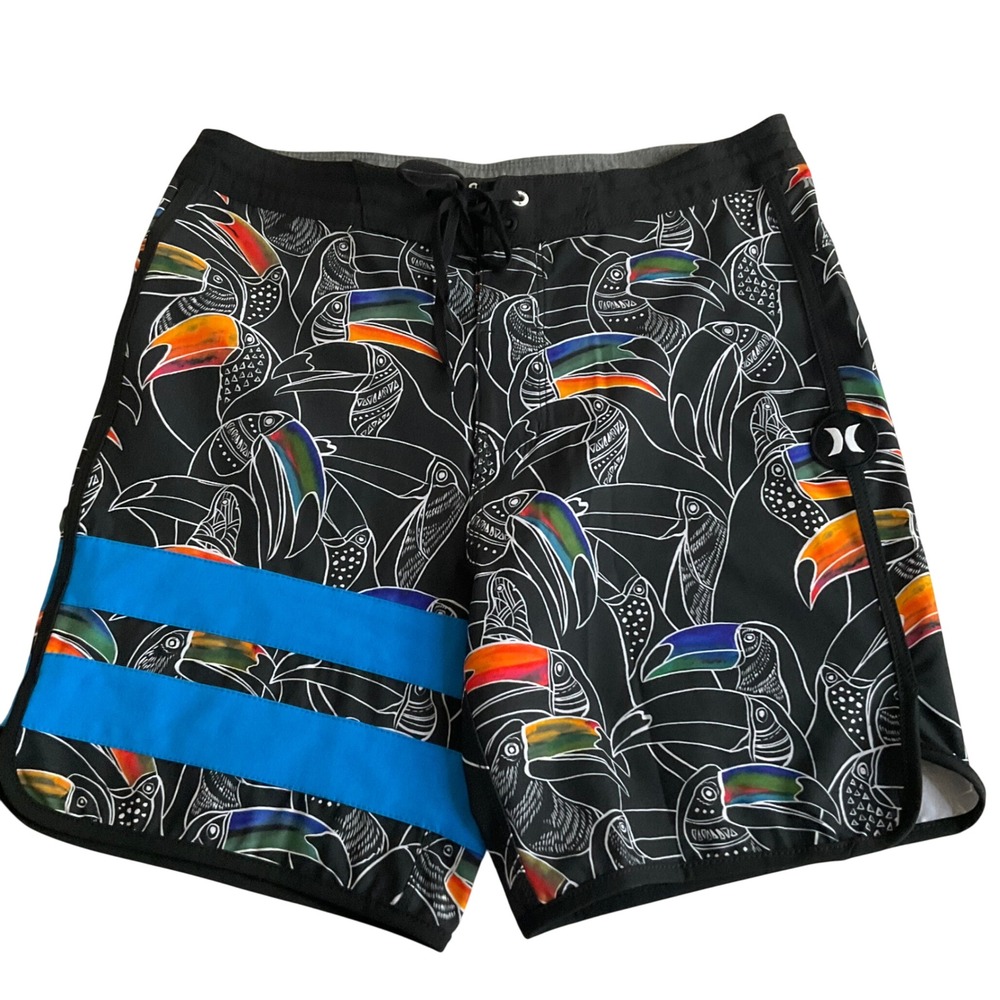 Hurley Board Shorts Men 29 Black Toucan Print Swim Trunks CU8332